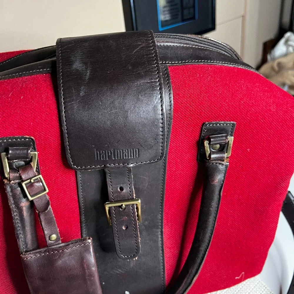 Hartmann Vintage Red Wool Leather Trim Duffel Bag Travel Carry On Luggage